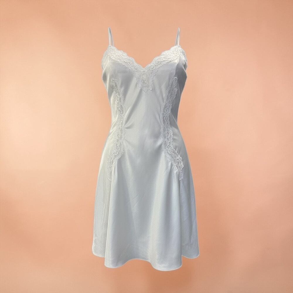 Vtg Val Mode Lingerie Baby Doll Fairy Party 80's White Lace Slip Dress USA Satin